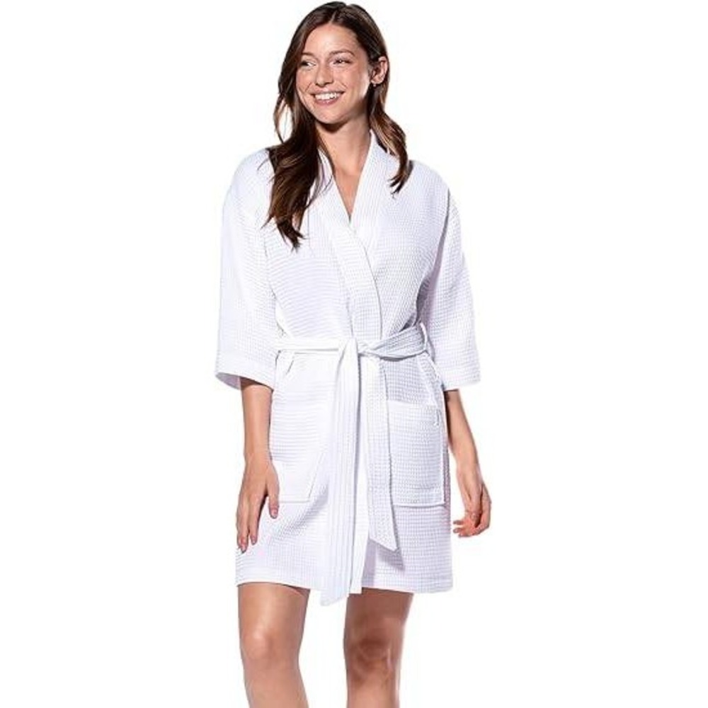 Turquaz White Waffle Knit Spa Robe Womens Size S-M Short Kimono Tie Waist NEW